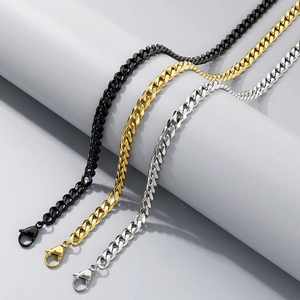 Three curb chain bracelets in black, gold, and silver finishes with lobster clasps