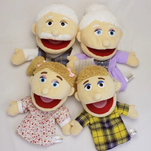 Set of four plush family hand puppets including grandparents and parents for role play
