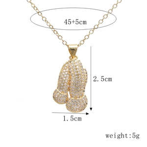 Detailed view of gold plated praying hands pendant with dimensions 2.5cm and 45cm chain