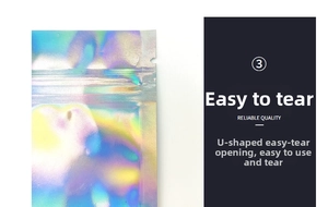 Detail of laser holographic resealable bag showing the U-shaped easy tear notch design