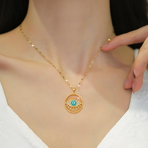 Titanium steel evil eye necklace with gold pendant and sparkling crystals for women