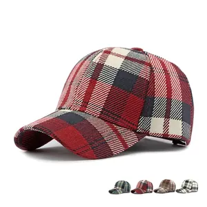 Vintage Polyester Plaid Baseball Cap Hard Top Retro Houndstooth Curved Brim Sun Protection Hat Adjustable
