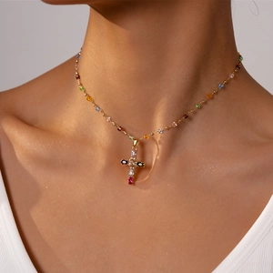 Cross Pendant Necklace With Colorful Rhinestones And Glass Beads Alloy Gold Plated Fashion Jewelry For Women