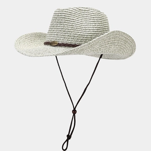 Light gray breathable woven straw cowboy hat with wide brim and adjustable chin strap