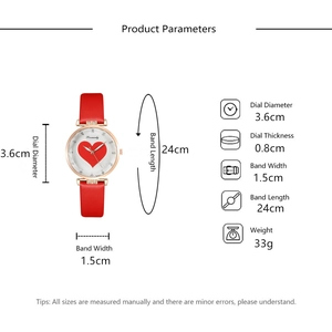 Detailed specs for women's red leather heart watch with crystal markers and gold case