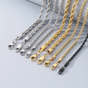 Braided stainless steel twist chains in gold, silver, and black finish with lobster clasps