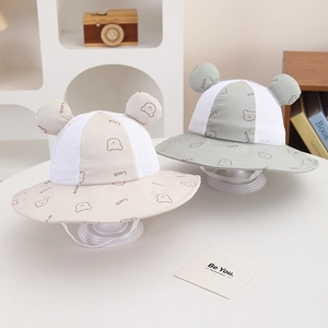 Detailed view of breathable mesh baby sun hats with bear ears and chin straps