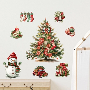 Christmas tree and snowman wall stickers set with red truck for festive home decoration