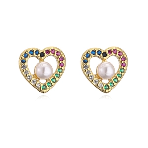 Pair of heart-shaped 18K gold-plated earrings with pearls and multi-colored zircons