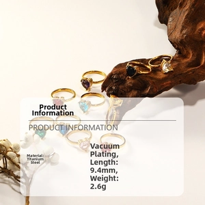 Detailed view of heart-shaped zircon rings in titanium steel with vacuum plating process