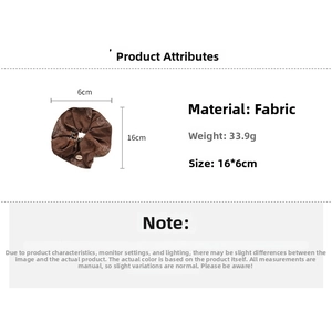 Detailed size and weight specs for the paisley pattern brown fabric hair scrunchie