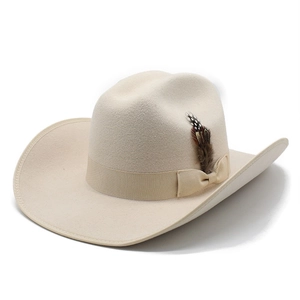 Classic beige wool felt western cowboy hat with a natural feather and ribbon band