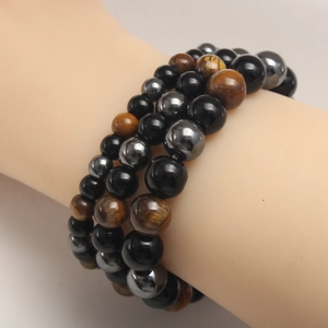 Triple protection beaded bracelet with tiger eye, hematite and black onyx stones