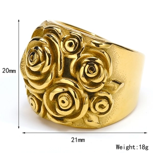 Retro style 20mm gold rose embossed stainless steel wide band ring with dimensions