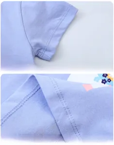 Detailed stitching on cuffs and hem of a light purple cotton knitted girl's summer T-shirt