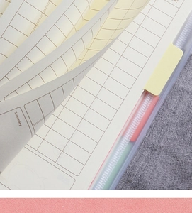 Detail view of Japanese grid journal with colorful index tabs and translucent cover