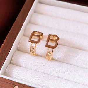 French luxury gold plated chain hoop earrings with brown letter B and enamel finish
