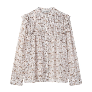 Chemisier En Mousseline Florale Bordure Volants Col Montant Manches Longues Texturé Élégant Femme Top