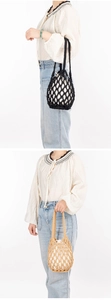 Vertical split view of black and khaki woven mesh tote bags with white drawstring liners