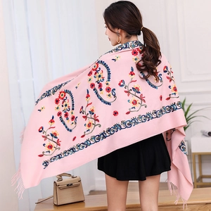 Pink floral embroidery shawl with tassels made of soft warm cashmere imitation fabric