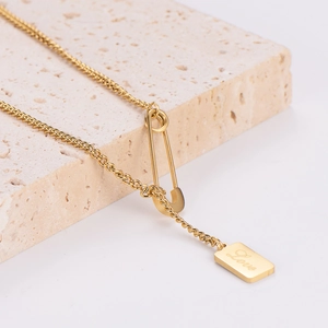 18K gold plated stainless steel paperclip necklace with Love engraved square charm