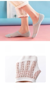 Close-up of breathable mesh texture and low-cut design on grey cotton invisible socks