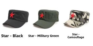 Three tactical cadet caps in black, green, and camo featuring red star embroidery