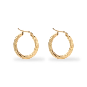 Detailed view of gold twisted hoop earrings with a textured spiral finish and secure clasp