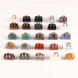 Detailed grid of 25 mini gemstone purse charms in assorted natural crystals and gold handles