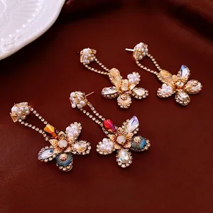 Vintage Flower Drop Earrings With Zircon Rhinestone Imitation Artificial Pearl Alloy Luxury Jewelry For Women Silver Earring Post