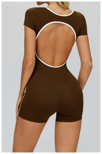 Detail of cross-back hollow out workout jumpsuit with white contrast piping design