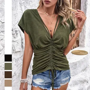 Damen V-Ausschnitt Kurzarm Gerafftes Oberteil Kordelzug Polyester Lässig Sommer Einfarbig Mode T-Shirt