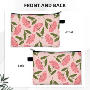 Pink floral printed cosmetic bag with black zipper, front and back views on white background