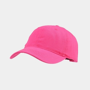 Detail view of pink cotton baseball cap showing curved brim and reinforced stitching