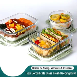 Glass Lunch Box High Borosilicate Microwave Oven Safe Compartment Food Storage Container With Air Vent Sealed Lid