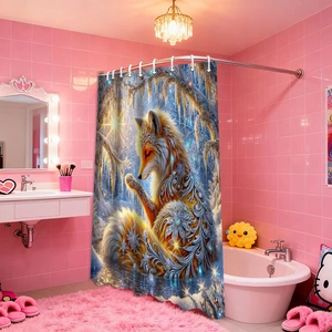 3D digital print bathroom shower curtain featuring an ornate snow fox and ice crystals