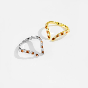 Adjustable S925 sterling silver V-shaped rings with orange and clear gemstones