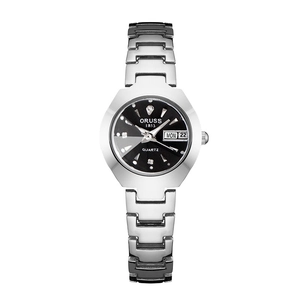 Montre à quartz élégante en acier argenté pour femme avec cadran noir serti et guichet date