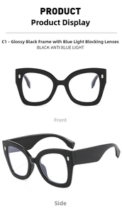 Front and side views of black cat-eye glasses frames with blue light blocking lenses