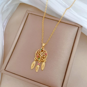 Luxury dreamcatcher necklace with colorful crystals and tree of life pendant on silk