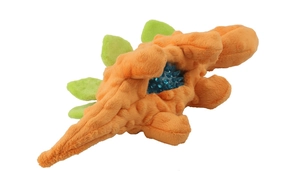 Orange dinosaur plush toy for dogs featuring an internal blue rubber squeaker ball