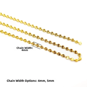 Detail of 4mm 18K gold plated stainless steel cross chain showing engraved link texture