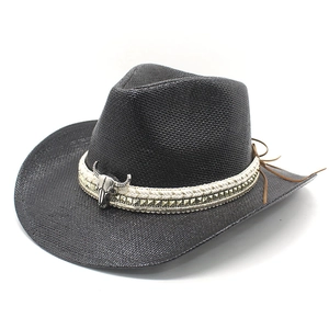 Black western straw cowboy hat with silver bull head emblem and vintage braided trim