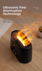 Macro shot of black flame aroma diffuser on a wooden desk with warm mist lighting