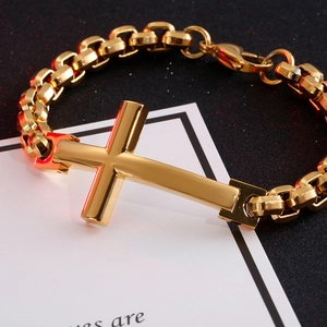 Men's gold stainless steel cross bracelet with bold box chain and lobster clasp