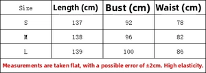 Detailed size chart for white hollow maxi dress including S, M, L measurements
