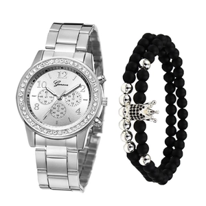 Silver Geneva watch with rhinestone bezel and black beaded crown bracelet set