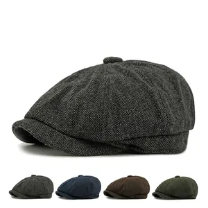 British Vintage Newsboy Cap Men Women Woolen Blend Herringbone Octagonal Cap Retro Ivy Hat Baker Boy Cabbie Cap Warm Hat