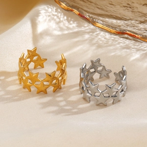 Minimalist stainless steel open ring with star cutout design in gold and silver finish