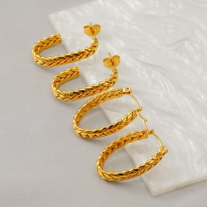 Braided Hoop Earrings 18K Gold Plated Stainless Steel Twisted Texture U Shaped Oval Geometric Fashion Jewelry For Women